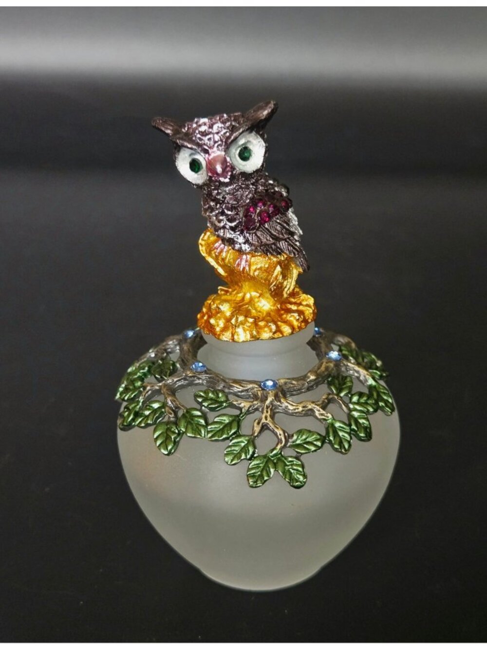 Frosted Glass Owl Perfume Bottle Decorative Tree Branch Lid Green Leaves & Blue